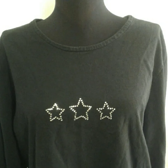 Hot Cotton by Marc Ware Large Tee Shirt Black Stars Long Sleeves Layering Stones - Picture 2 of 6
